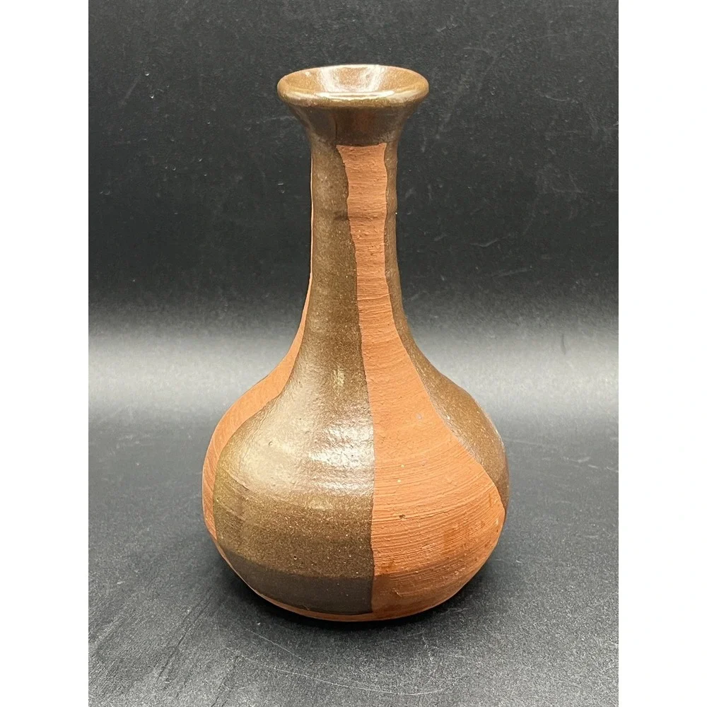 Vtg‎ Handmade Bud Vase - Brown and Red Art Pottery - Signed By Artist - 5